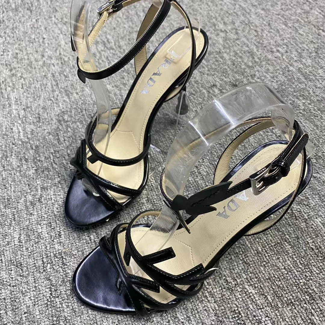 Prada/普拉达仔仔女鞋折扣 黑色交叉绑带时尚百搭高跟鞋36.5码142
