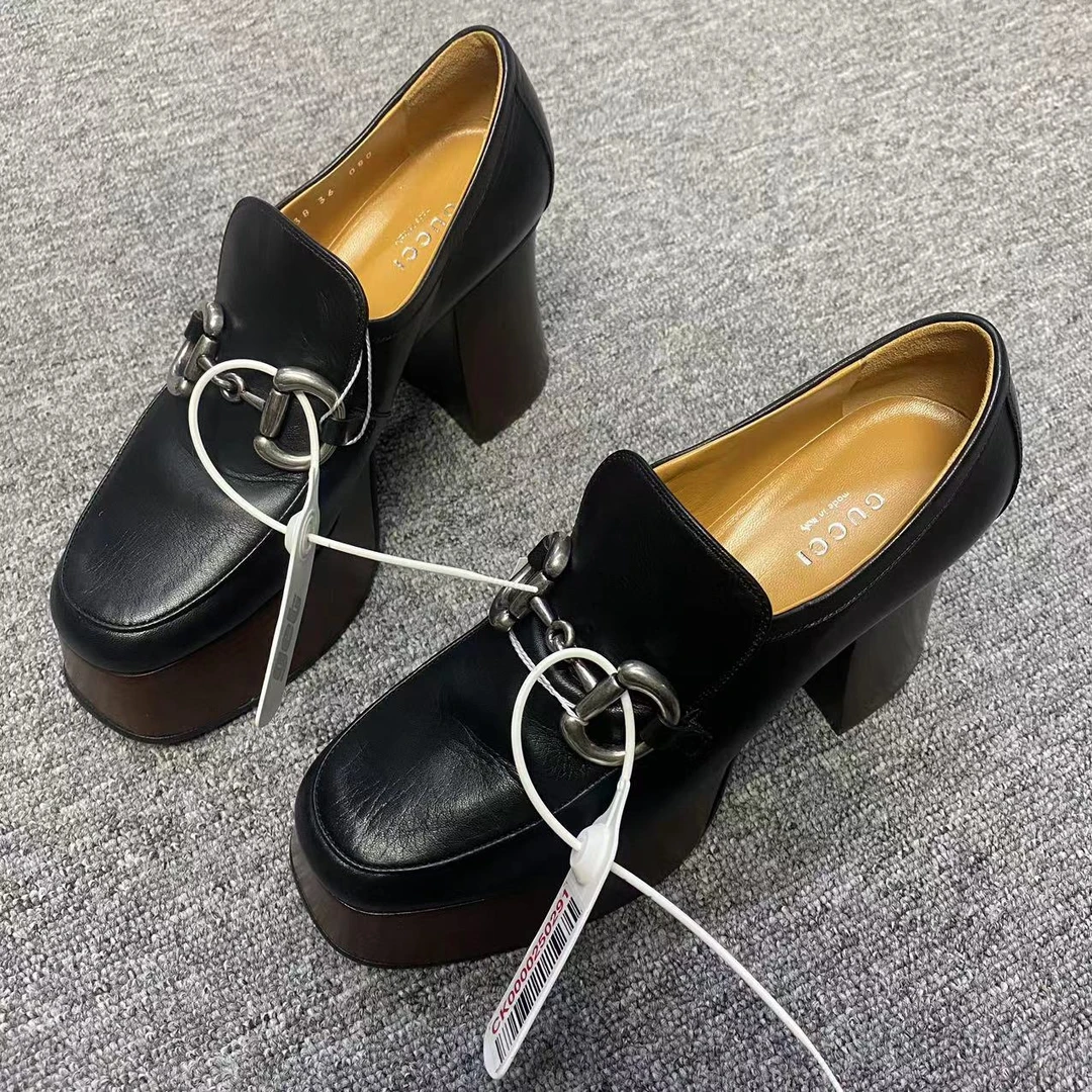GUCCI/古驰仔仔折扣 黑色粗跟银色马衔扣乐福鞋 36码  956