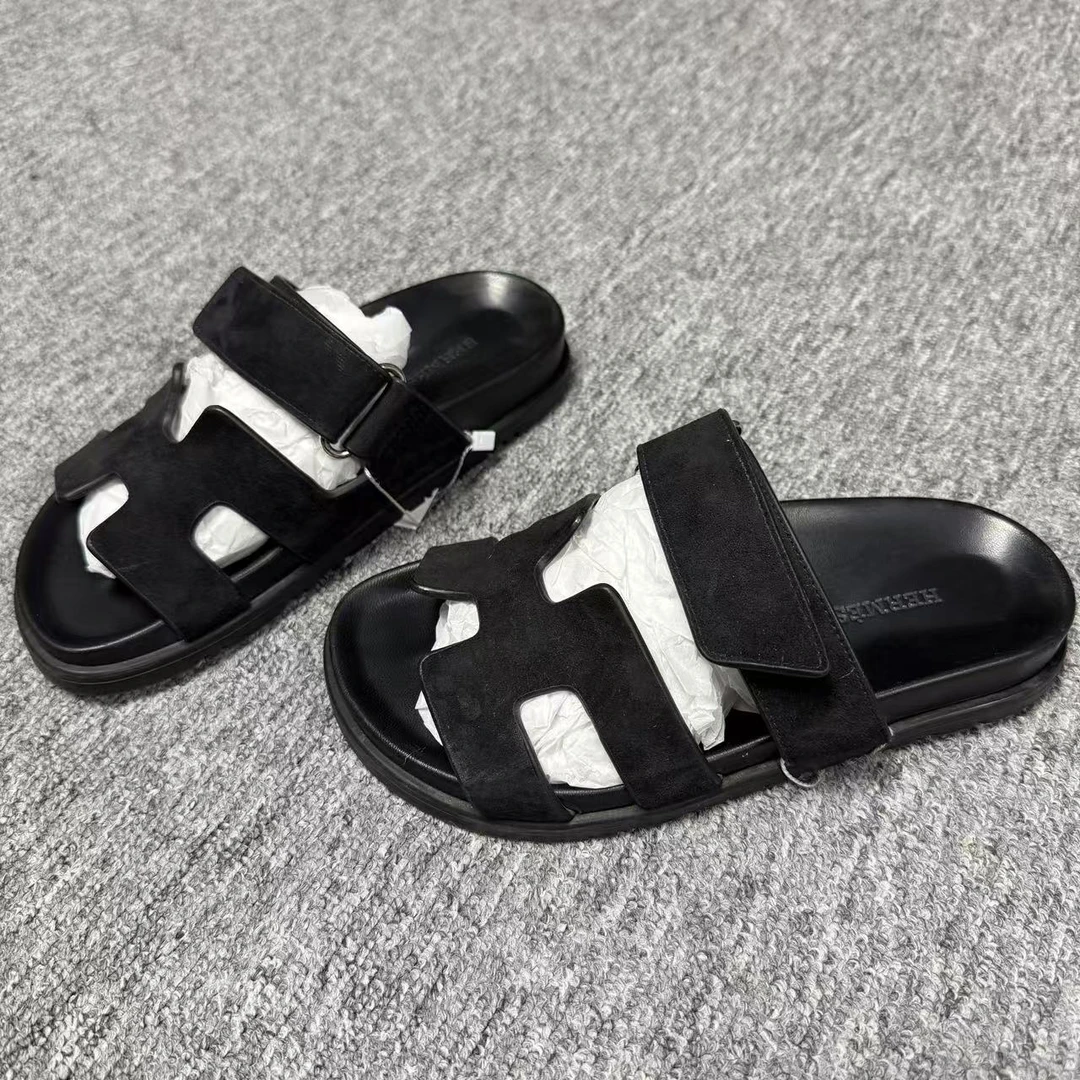 95新 Hermes/爱马仕 35码 /仔仔女鞋 黑色大H休闲平底二舅拖 1081