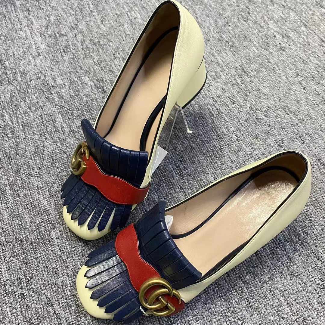 GUCCI/古驰仔仔女鞋折扣  白蓝色流苏金粗跟时尚单鞋 36.5码 099