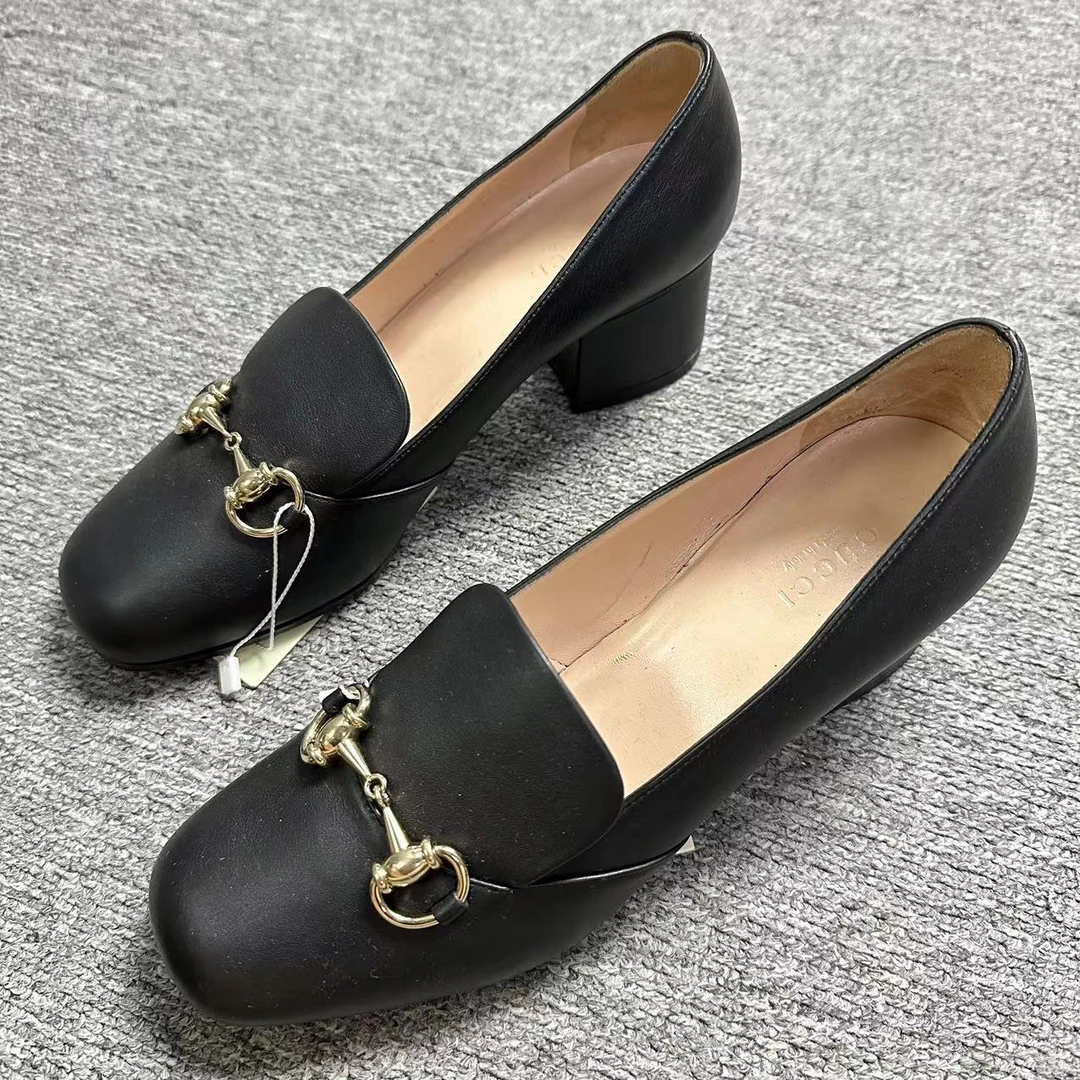 GUCCI/古驰仔仔女鞋折扣 黑色圆头金色马衔扣粗跟乐福鞋37码 1455