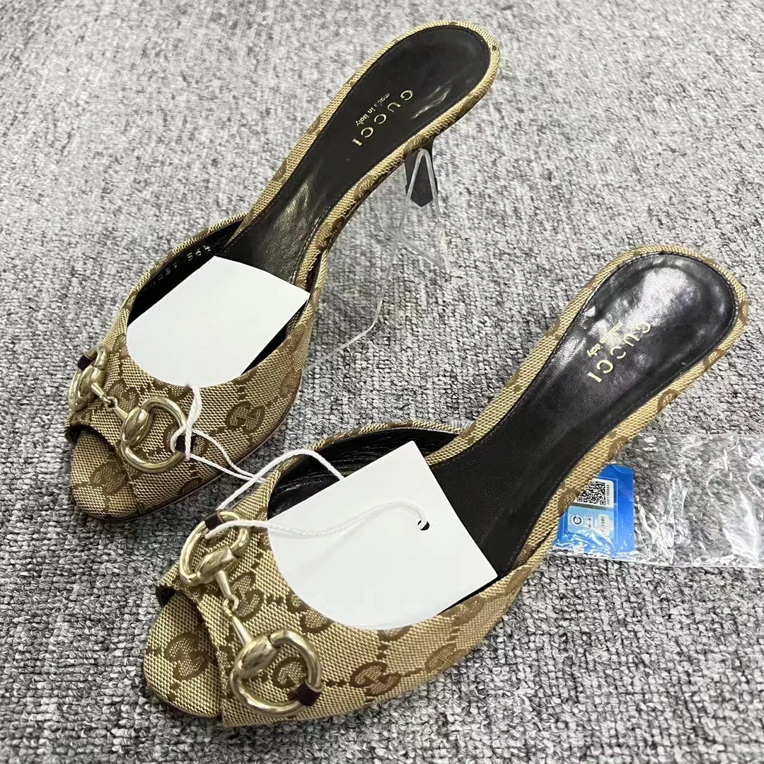GUCCI/古驰仔仔女鞋折扣 棕色鱼嘴马衔扣高跟鞋36.5码808