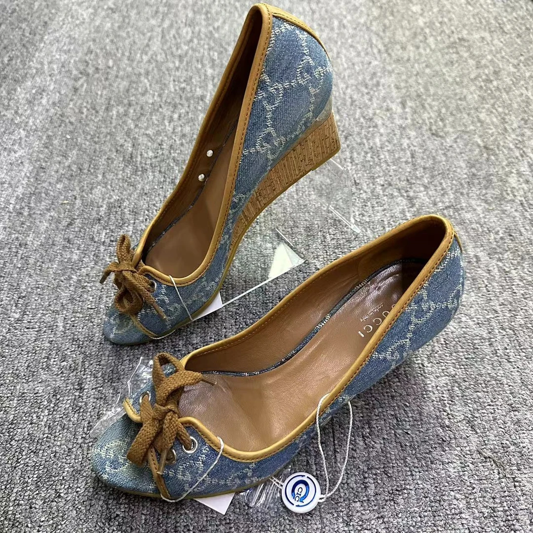 GUCCI/古驰仔仔女鞋折扣 蓝色牛仔印花蝴蝶结鱼嘴凉鞋 36.5码 177