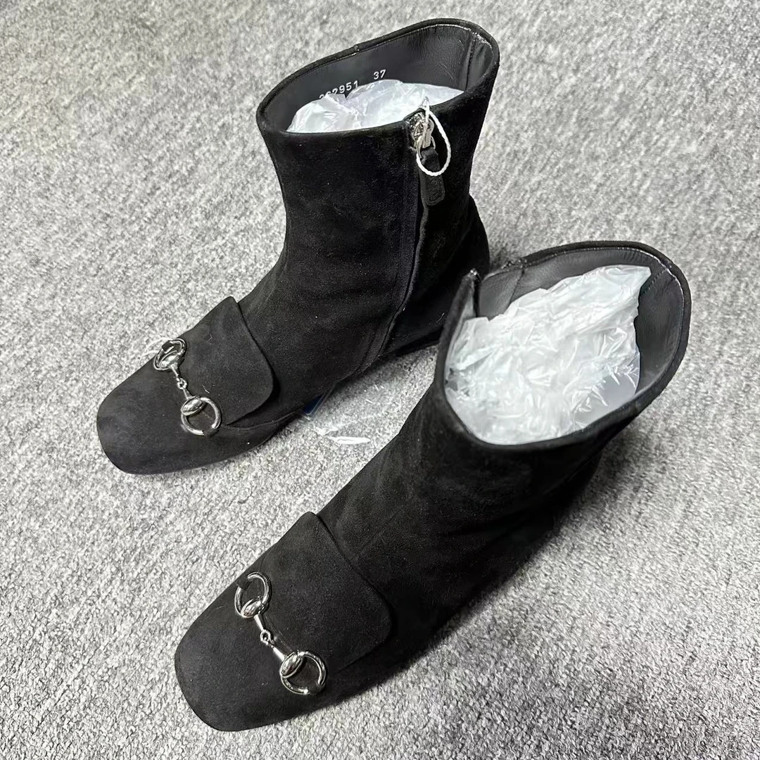 99新 GUCCI/古驰 37码/仔仔女鞋黑色马衔扣时尚秋冬平底短靴1665
