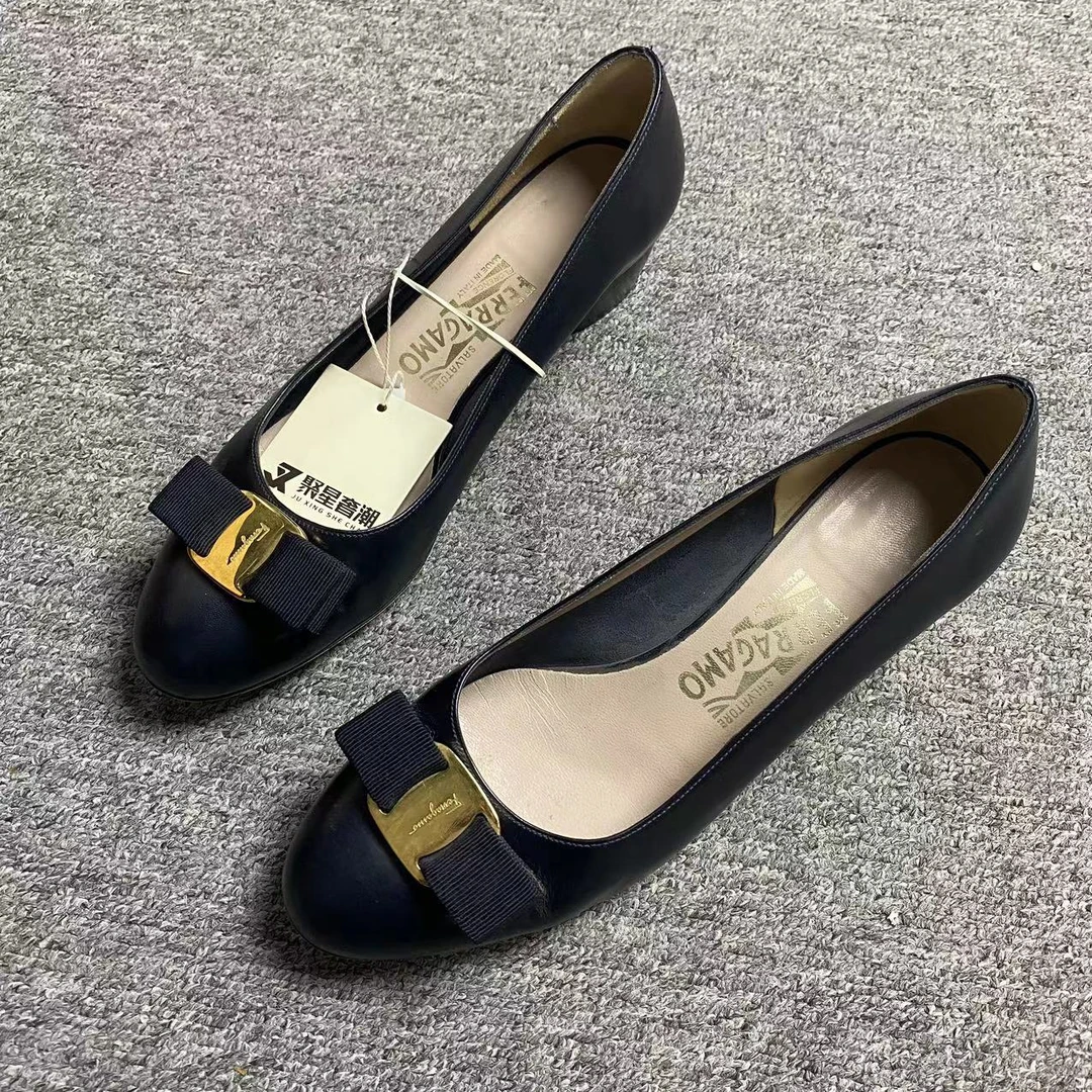 FERRAGAMO/菲拉格慕仔仔女鞋折扣 黑色圆头蝴蝶结单鞋 37码 1383