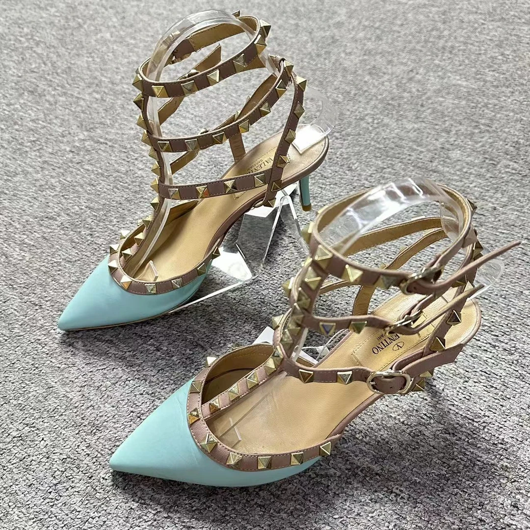 95新 Valentino/华伦天奴 仔仔/蒂芙尼蓝三环高跟鞋 36.5码 1484