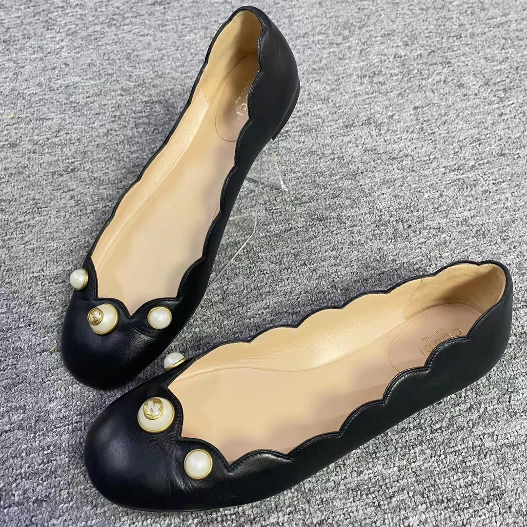GUCCI/古驰仔仔女鞋折扣 黑色圆头珍珠时尚百搭平底单鞋38.5码094