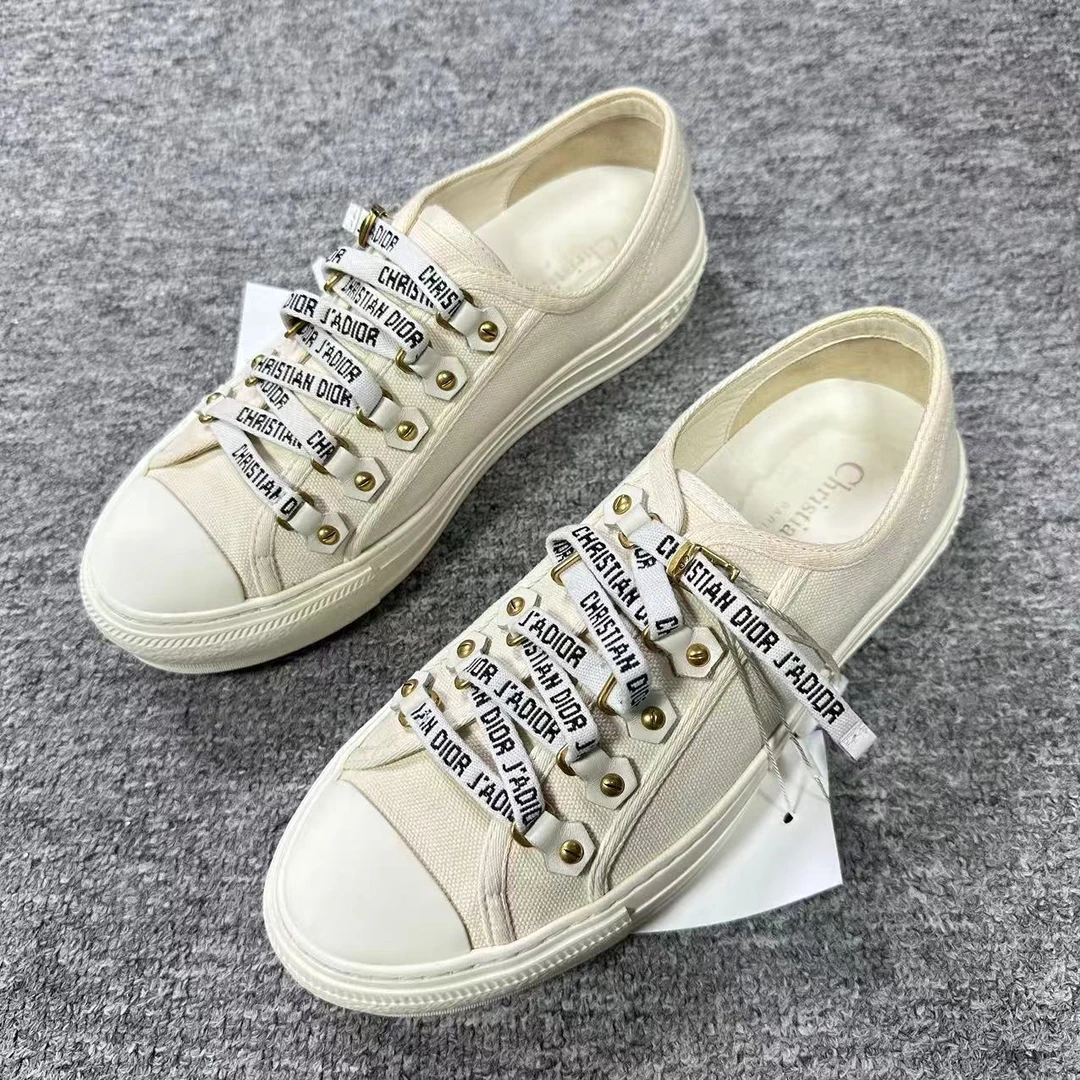 DIOR/迪奥37.5码/仔仔女鞋折扣 米色logo满印系带休闲板鞋 wsp015