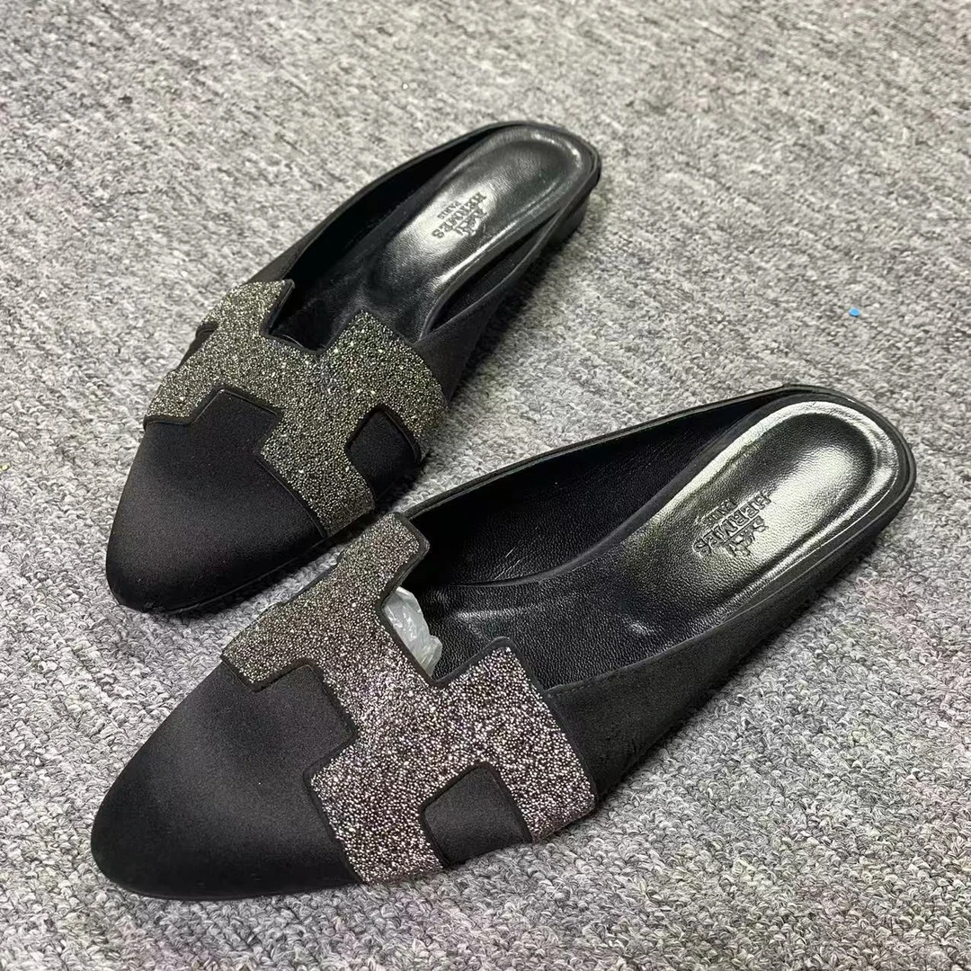 Hermes/爱马仕37.5码/仔仔女鞋折扣 黑色满天星穆勒休闲半拖 1728