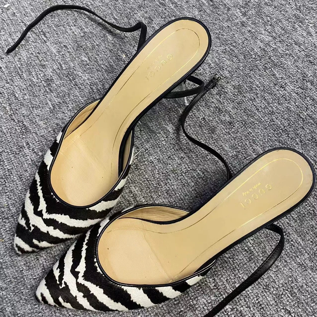 99新 GUCCI/古驰 仔仔女鞋 黑白条纹尖头绑带高跟鞋 38码 187