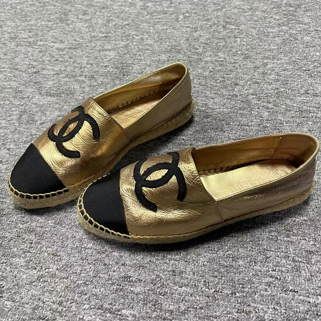 Chanel/香奈儿38码/仔仔女鞋折扣 经典香槟金黑色圆头渔夫鞋 1717