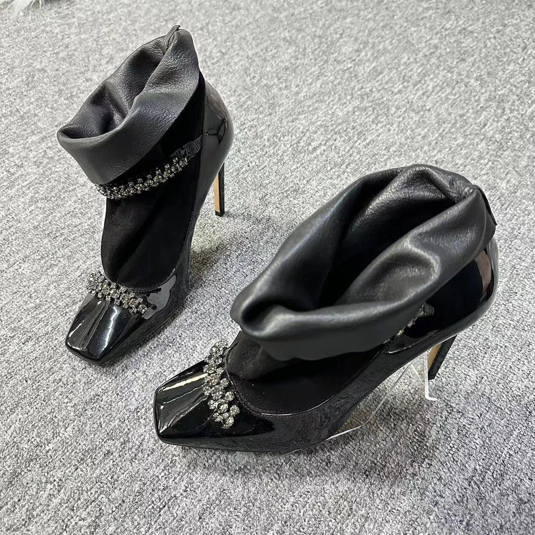 JIMMY CHOO/吉米周黑色钻石绑带方头袜套百搭时尚高跟鞋36码 884
