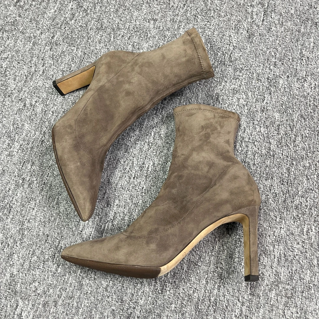 JIMMY CHOO/吉米周37.5码/仔仔女鞋折扣 棕色尖头粗跟靴子 xxs411