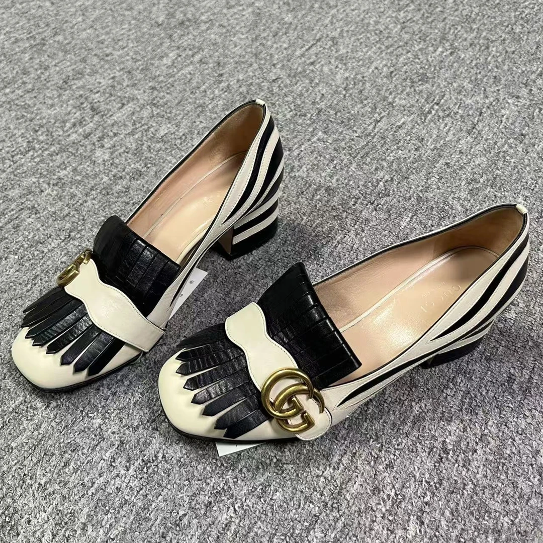 GUCCI/古驰36.5码/仔仔女鞋折扣 黑白流苏马蒙扣高跟乐福鞋 1730