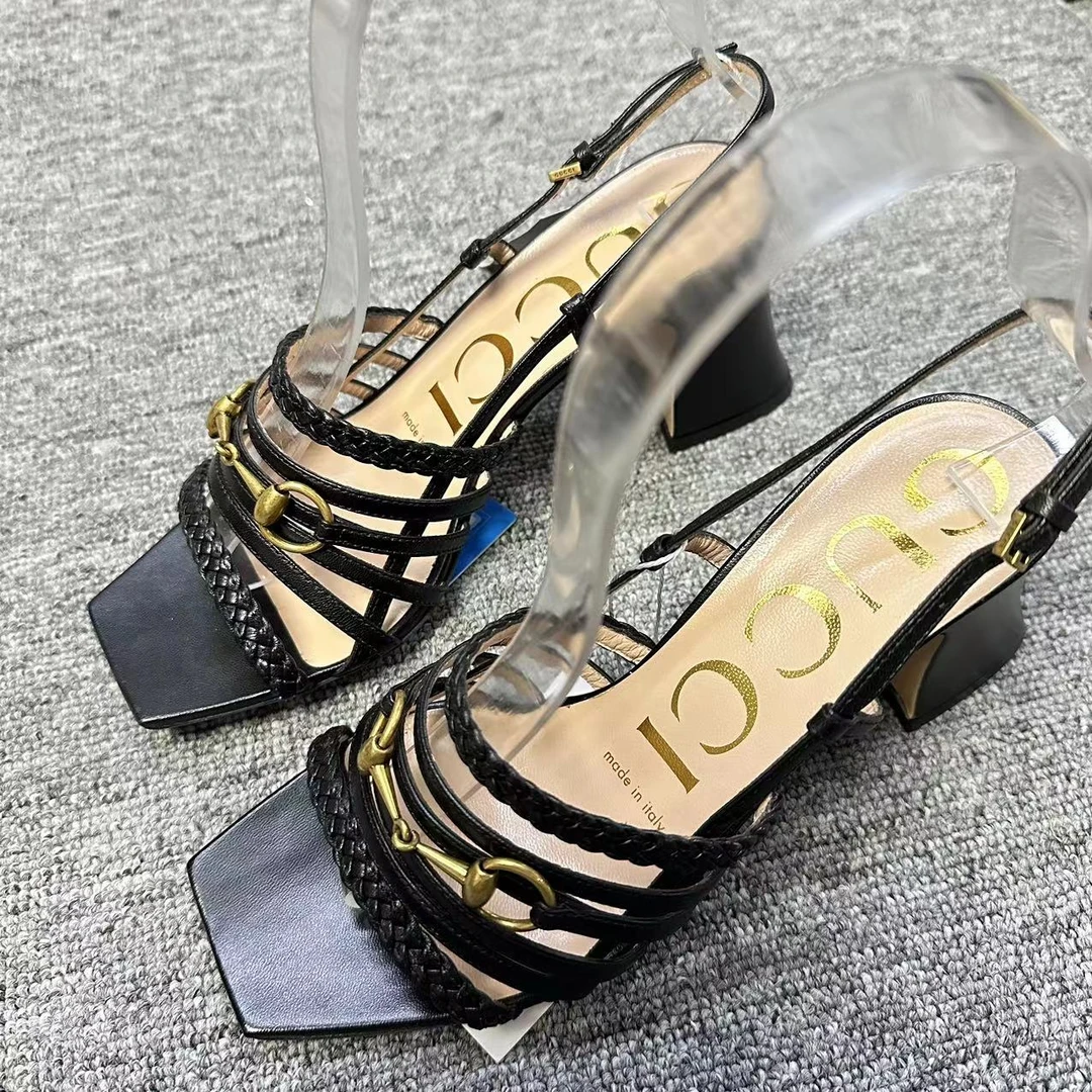 GUCCI/古驰仔仔女鞋折扣 黑色绑带金色马衔扣粗跟高跟鞋35码 1263