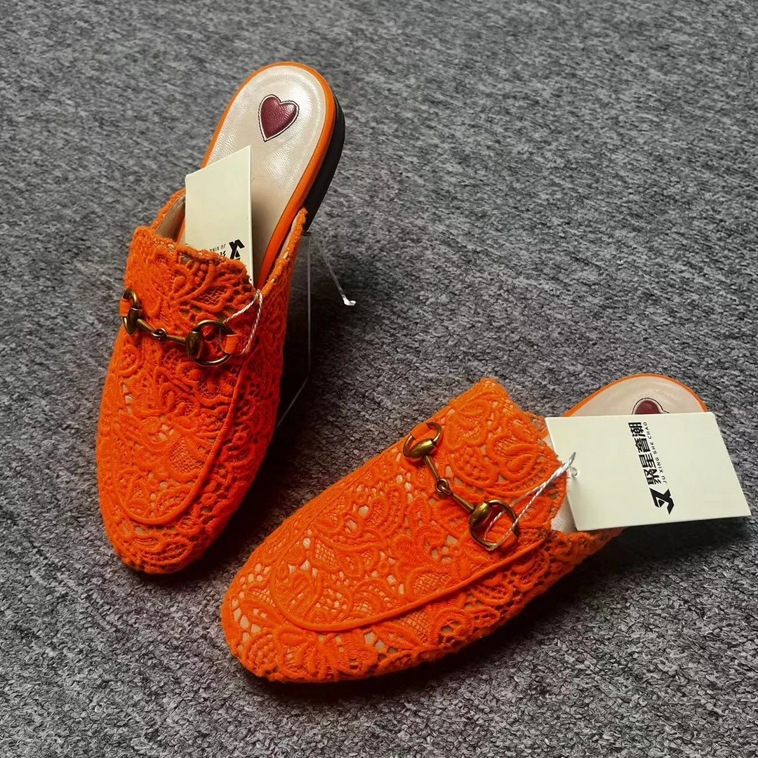 GUCCI/古驰仔仔女鞋折扣 橘色花卉金色马衔扣穆勒半拖 35码 1403