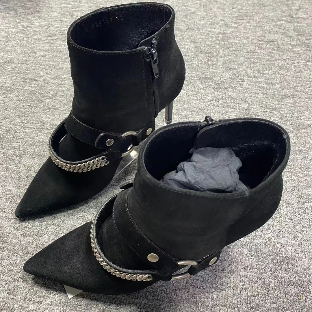 YSL/圣罗兰37码/仔仔女鞋折扣 黑色尖头链条高跟休闲短靴 xsx015