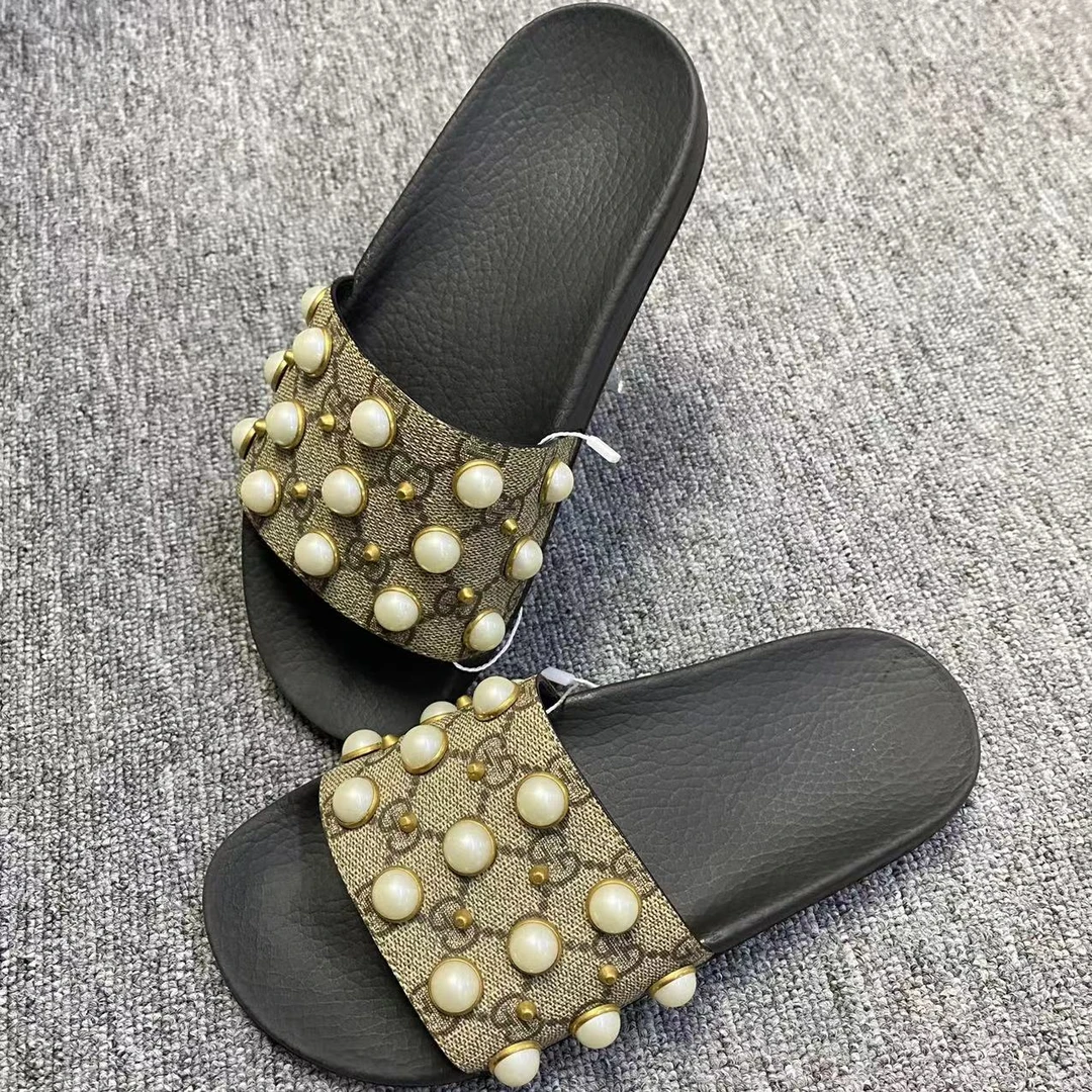 GUCCI/古驰仔仔女鞋折扣 黑棕色印花珍珠时尚平底拖鞋 36码 194