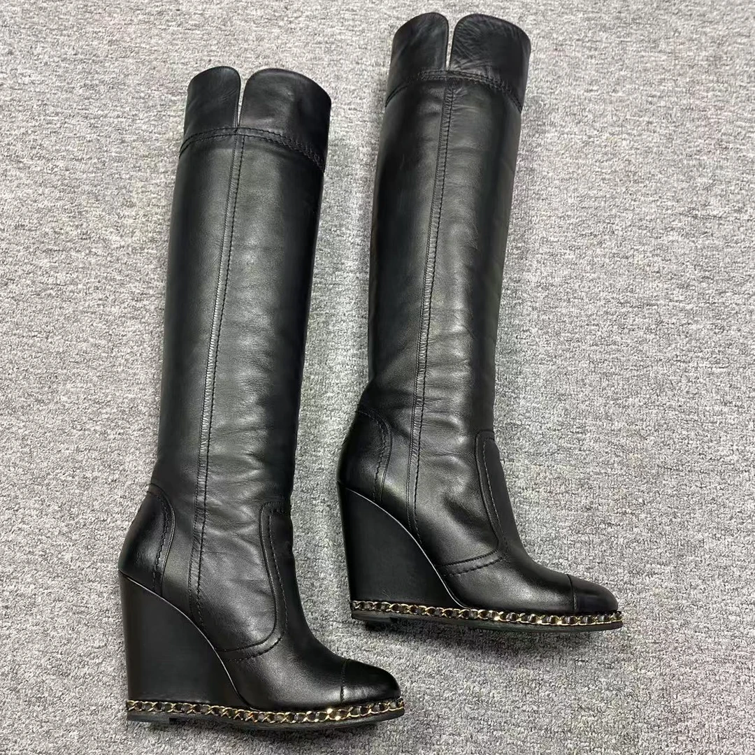 95新 Chanel/香奈儿 37.5码/仔仔女鞋黑色金链复古坡跟骑士靴1699