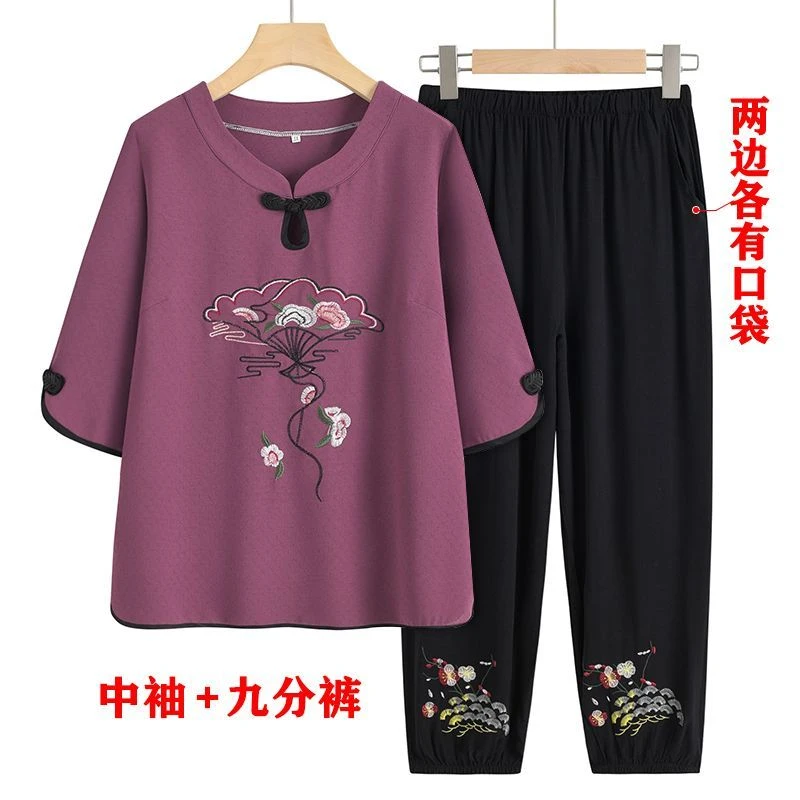 中老年妈妈夏装中袖夏季两件套套装绣花老人老太太家居衣服奶奶装