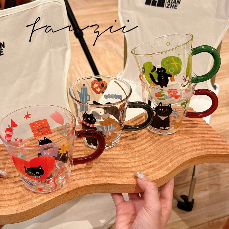 小陶器可爱猫咪高硼硅耐热玻璃杯水杯果汁杯子家用网红把手牛奶杯