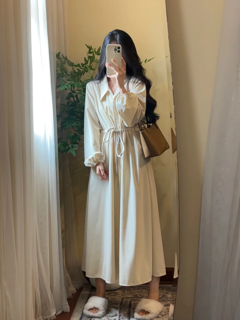 【ROUROU】冬日原野｜法式收腰翻领时尚百搭长袖连衣裙Ro-2571