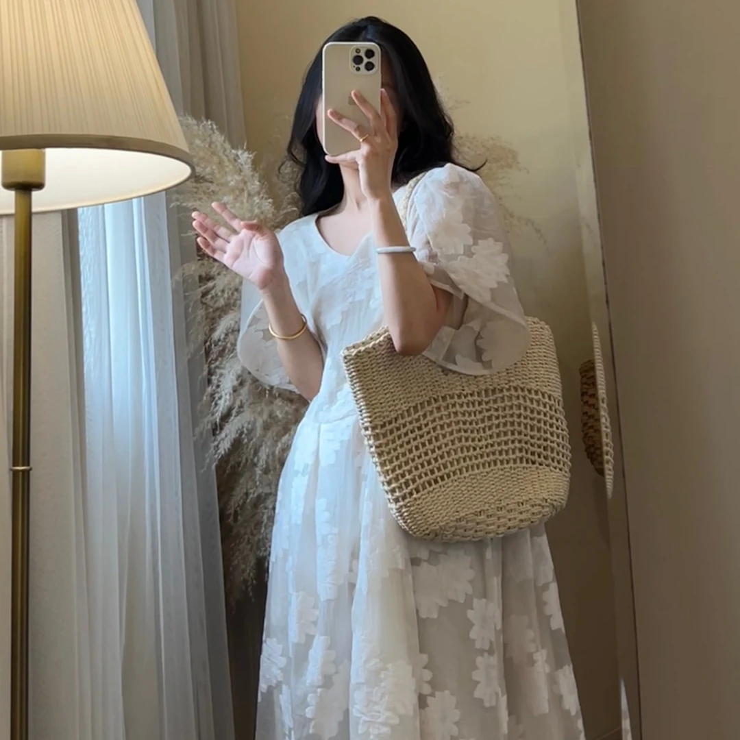 【ROUROU】白桃气泡｜森系仙女提花超仙甜美短袖连衣裙Ro-2487