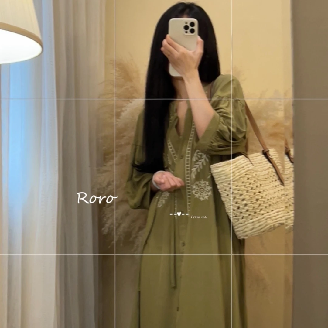 【ROUROU】北美森林｜气质优雅民族风v领新中式连衣裙Ro-2047