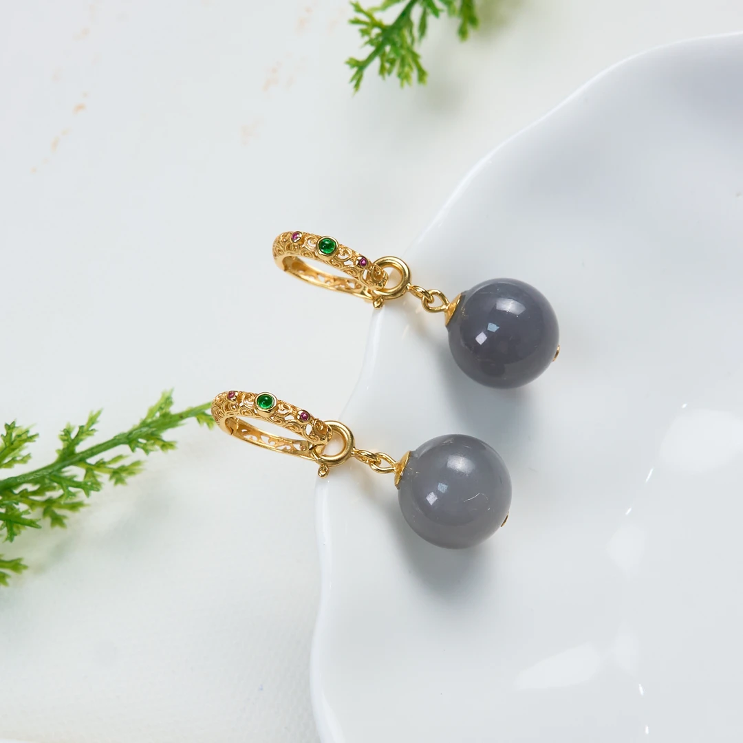 菲菲珠宝好*S925和田玉耳坠-圆珠约12mm