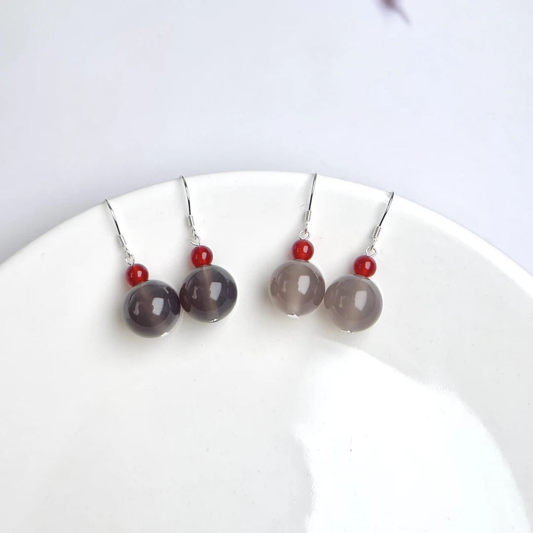 菲菲珠宝好**S925灰玛瑙圆珠耳饰*多样性发一