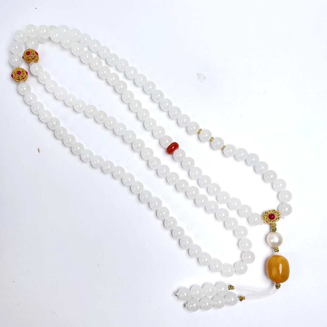 菲菲珠宝好*S925和田玉项链配蜜蜡圆珠约7mm项链