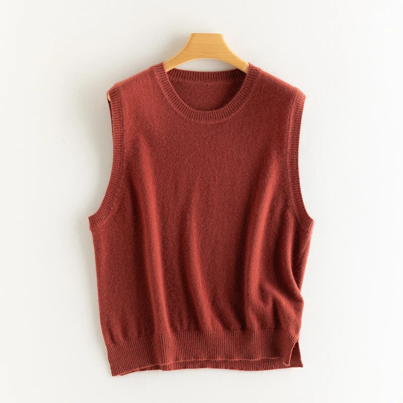 约150克纯山羊绒针织圆领套头背心女士宽松纯色无袖坎肩休闲百搭