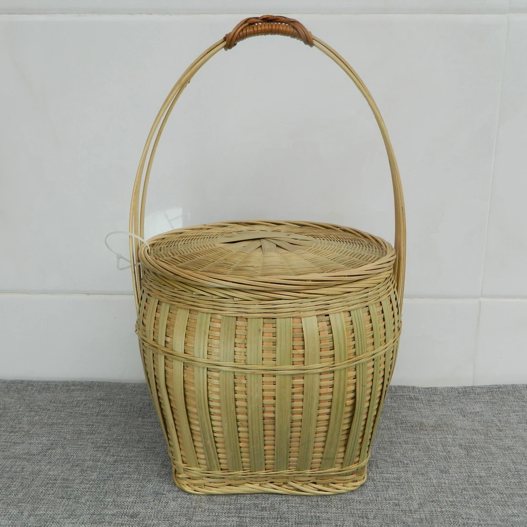 竹青款竹编 带盖小提篮 口径22cm 高21cm编制