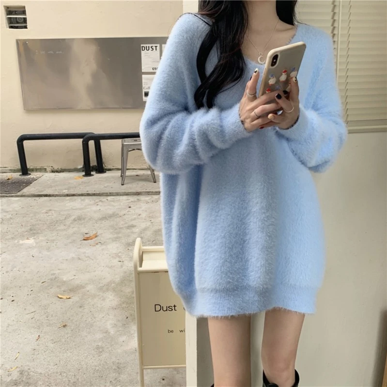 宽松慵懒风套头打底衫毛衣2023女秋冬新款貂绒外穿中长款针织上衣