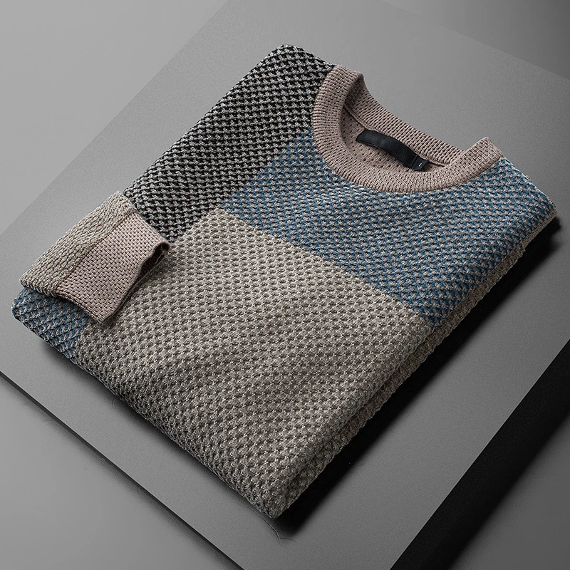 纳因戈兰 秋冬季保暖撞色提花外穿休闲毛衣男长袖修身针织衫男