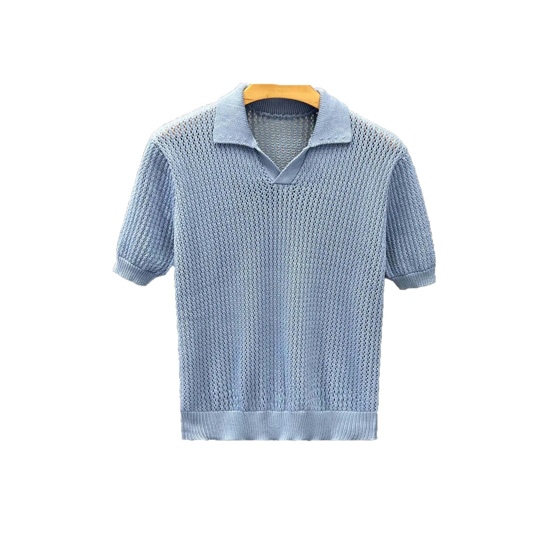 纳因戈兰 男士时尚夏季短袖套头毛衣蓝色半袖T针织镂空薄款上衣