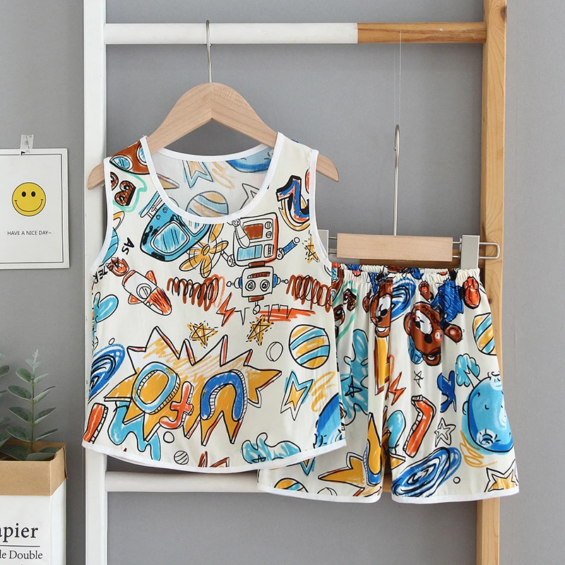 夏季儿童家居服男童女童薄绵绸背心短裤夏天无袖套装宝宝棉绸睡衣