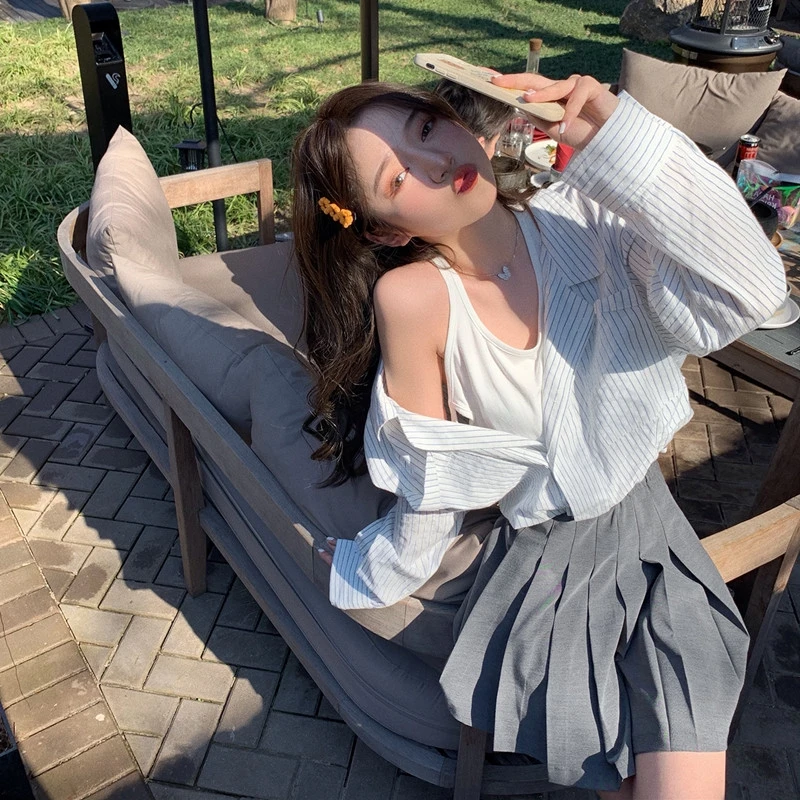 法式复古假两件条纹衬衫女春夏季新款性感露肩短款衬衣