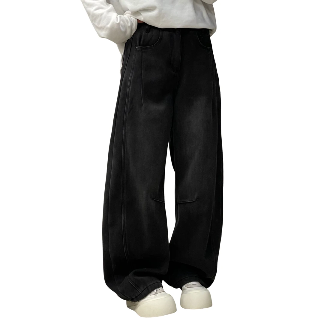 7833加绒加厚阔腿牛仔休闲宽松高街复古百搭显瘦黑色设计感牛仔裤