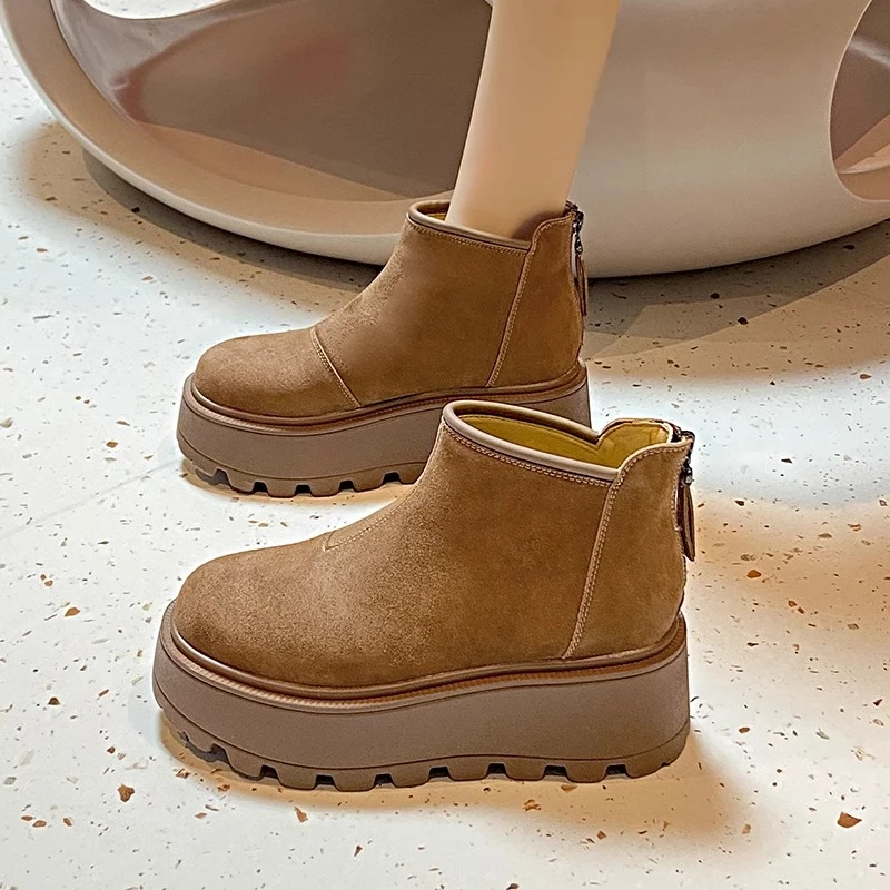 松糕厚底增高加绒勃肯鞋女2025季冬新款复古圆头休闲百搭短筒女鞋