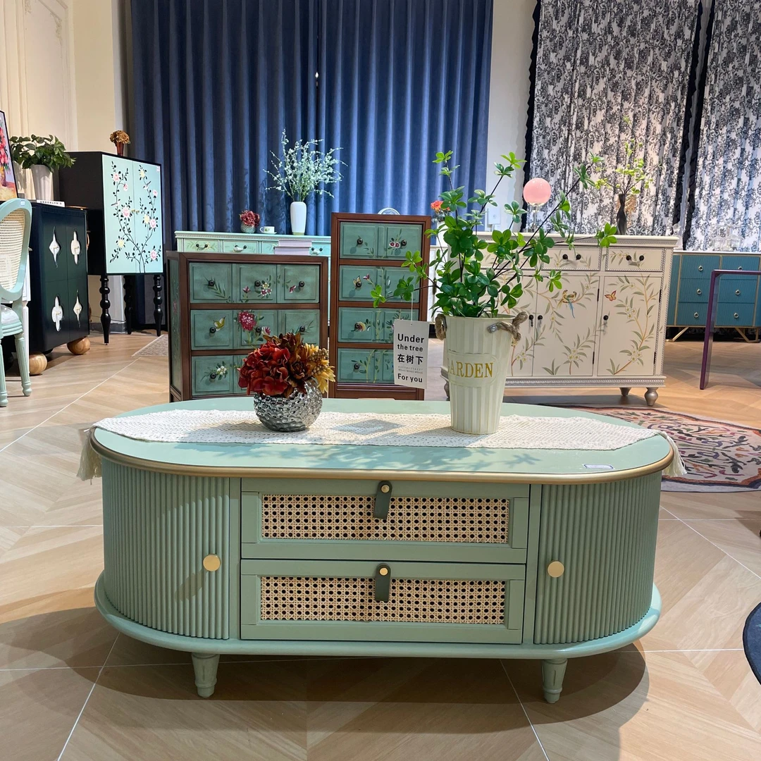 120*65*46 美式风格编藤电视柜茶几组合小户型客厅简约风收纳地柜