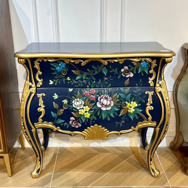 93*45*90美式雕花复古彩绘斗柜法式玄关柜蓝色收纳柜客厅床头柜