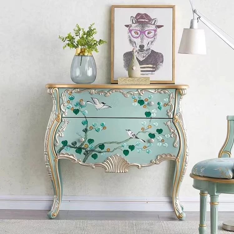 93*45*90彩绘斗柜客厅边柜田园风斗柜欧式收纳储物柜床头柜
