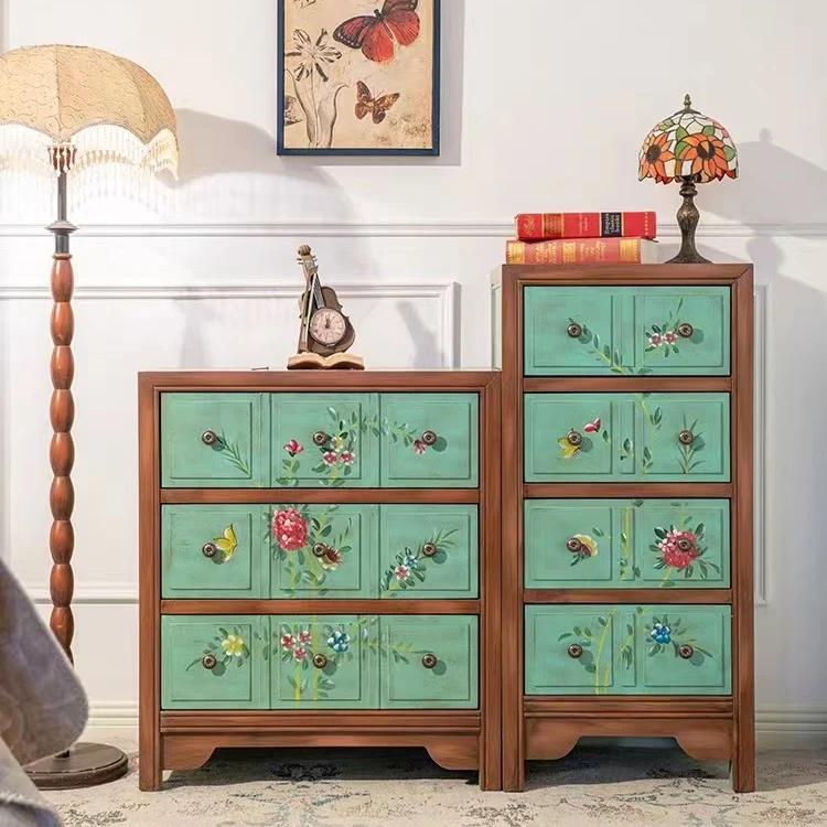69*36*80美式斗柜收纳柜客厅家具储物柜复古彩绘抽屉柜整装床头柜