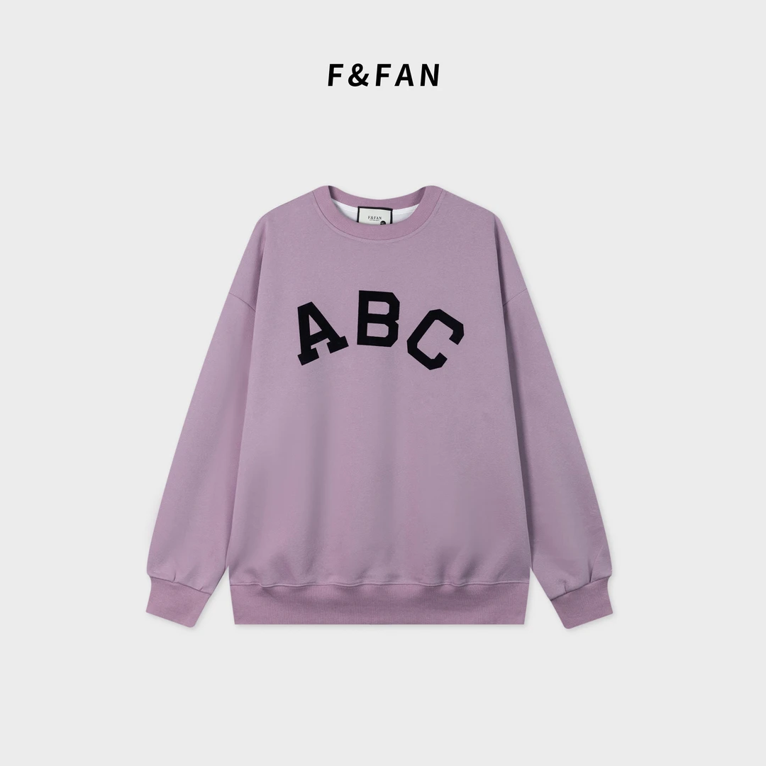 F&FAN【ABC】秋季情侣装莫奈紫字母印花圆领长袖卫衣潮牌中长款上衣