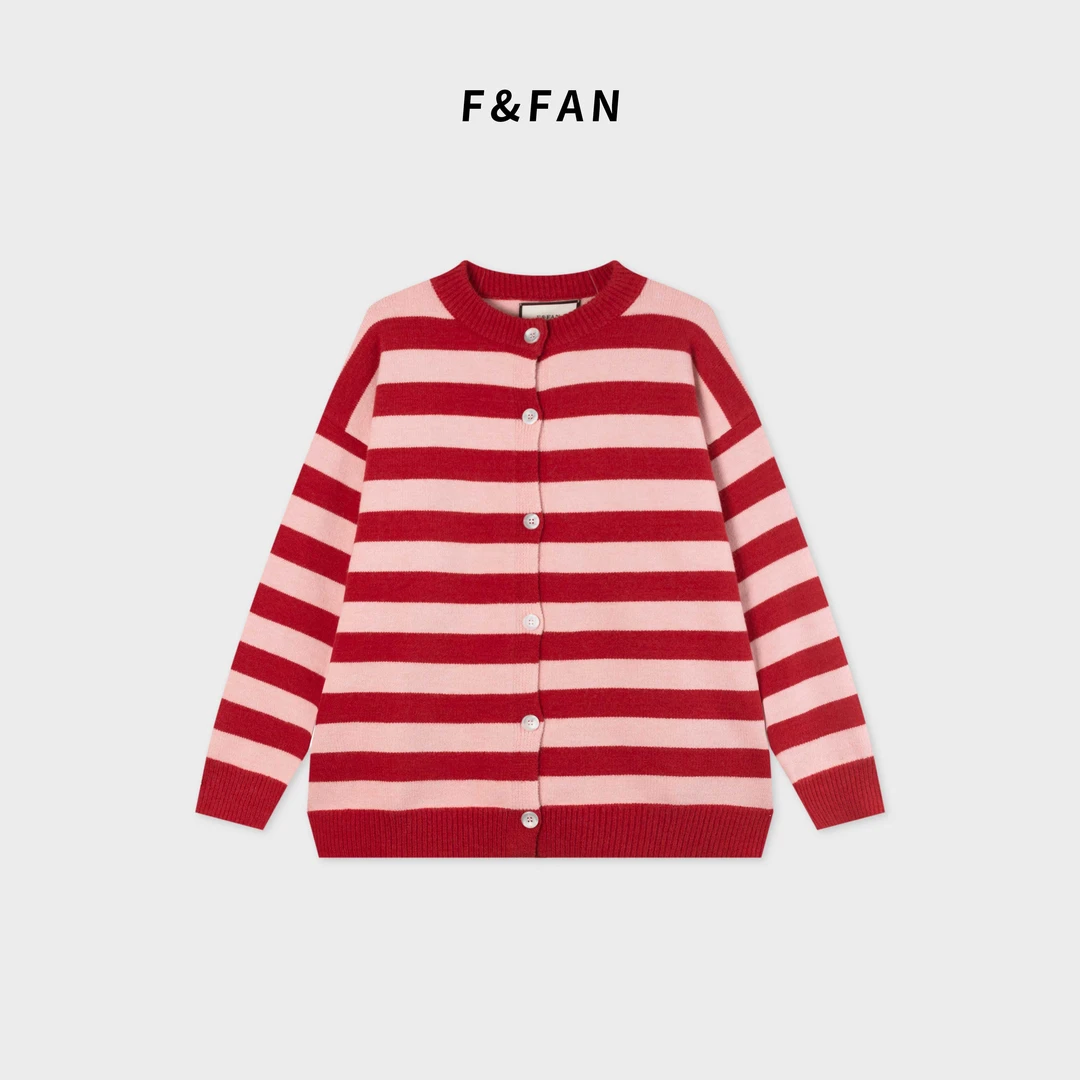 F&FAN【多巴胺】秋冬中长款时尚圆领开衫毛衣条纹宽松潮牌长袖外套