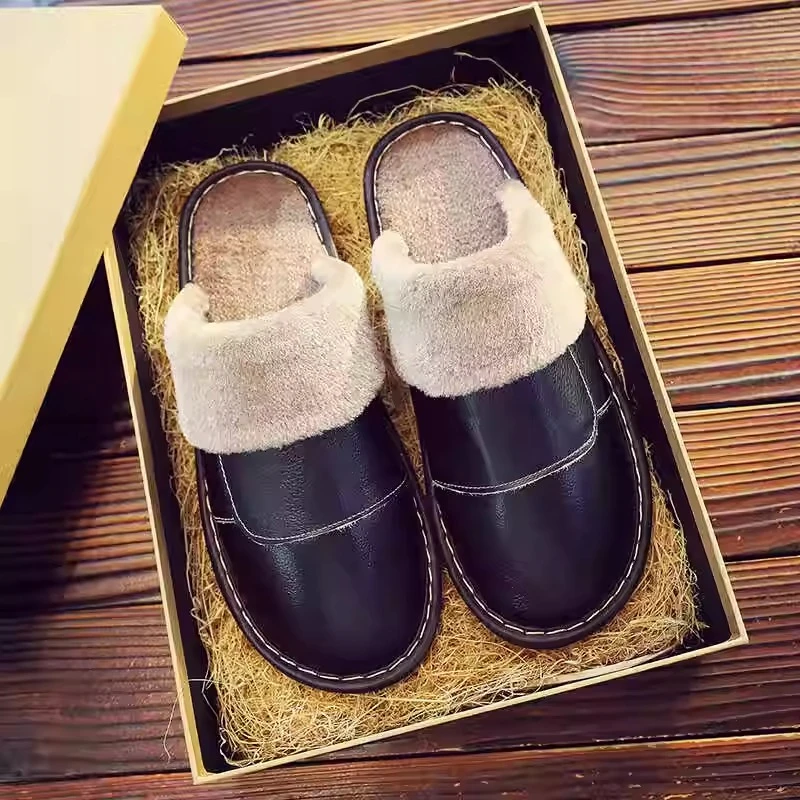 牛皮秋冬季棉拖鞋男女居家用厚底室内防滑真皮面防水冬天保暖拖鞋