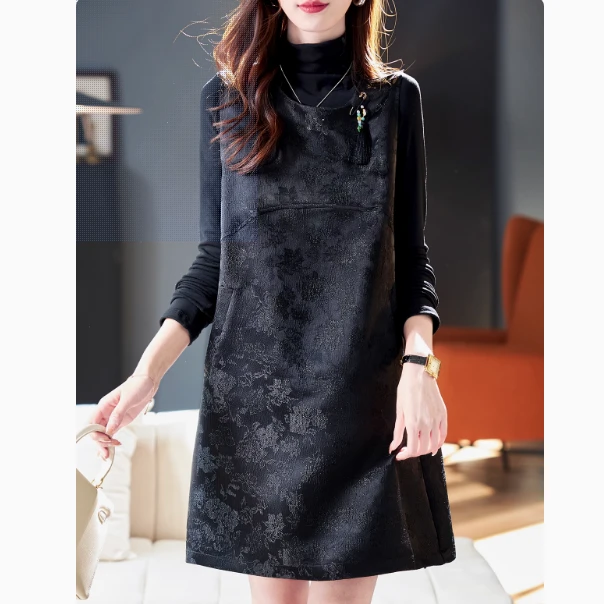 连衣裙气质长袖时尚中长款保暖秋冬打底洋气宽松复古国风加绒加厚