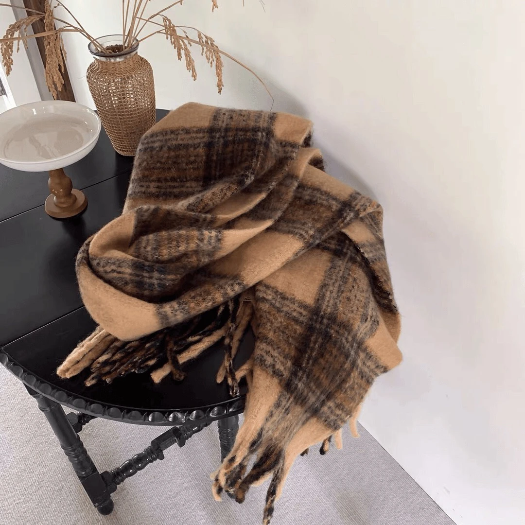 秋日美拉德格纹围巾博主同款软软糯糯棕色系保暖加厚围脖大披肩