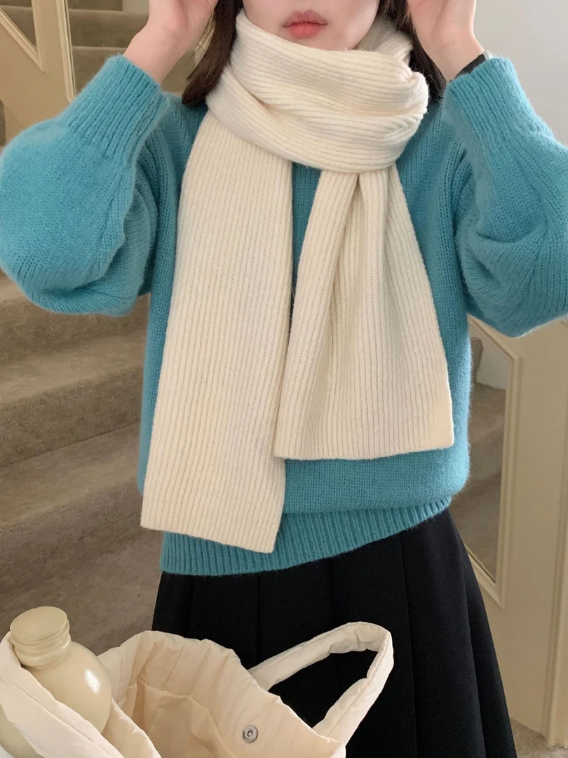 秋冬韩系羊毛混纺抽条纯色百搭针织围巾柔软保暖围脖简约百搭学生